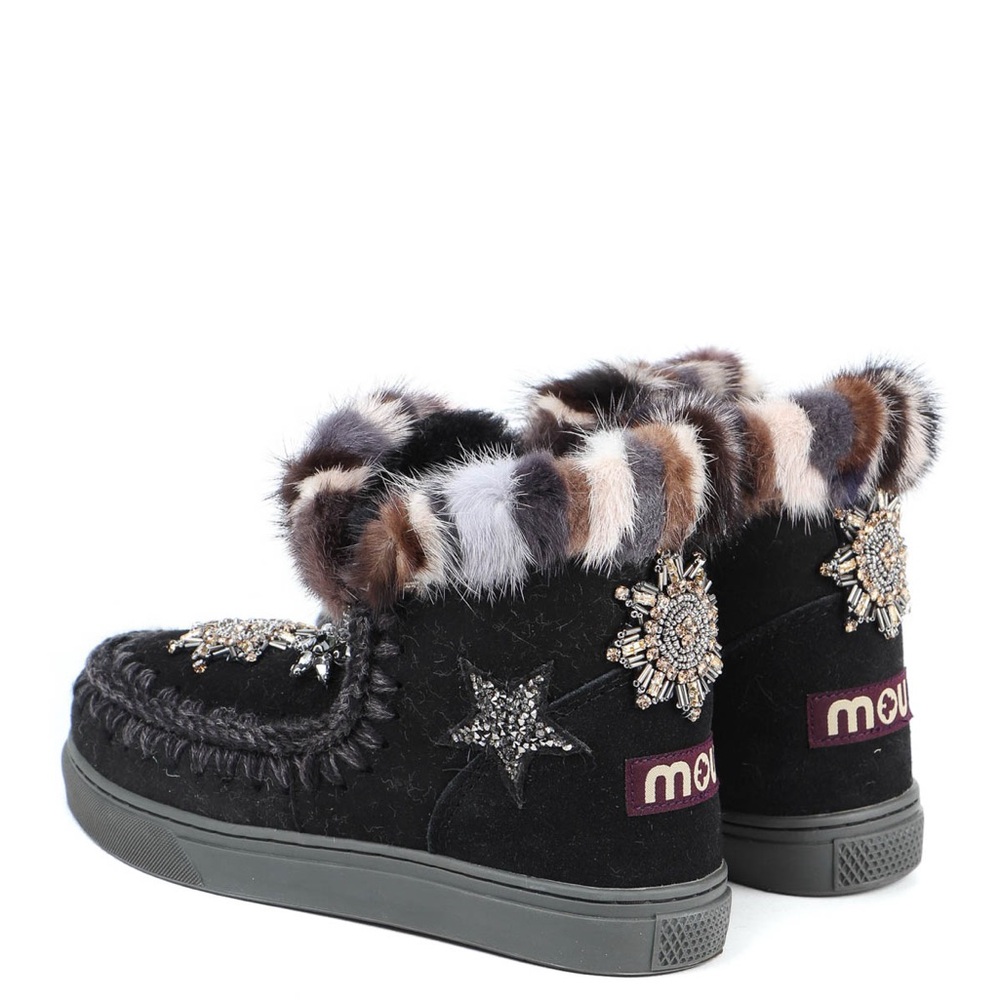 Mou Black Suede Ankle Boots with Multicolor Fur Trim
